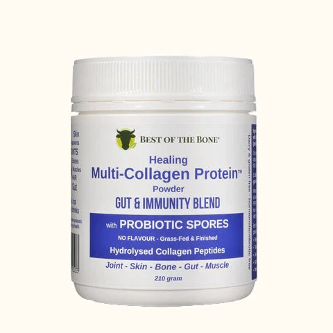 A container of 'Best of the Bone Healing Multi-Collagen Protein Gut & Immunity Blend' with probiotic spores, labelled as having no flavour, grass-fed, hydrolysed collagen peptides, and being suitable for joint, skin, hair, nails, and muscle.