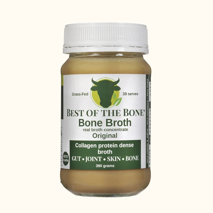 A jar of 'Best of the Bone' real bone broth concentrate with the label showing the brand, product name, and additional information such as 'GRASS-FED', '300+ SERVES', and 'COLLEGEN PROTEIN DENSITY'. The jar is sealed and the label is visible.
