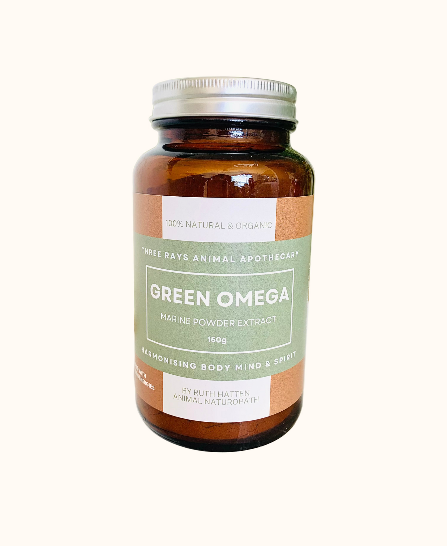 A dark amber glass jar with a label that reads 'GREEN OMEGA', indicating it is an omega 3 product for animals.