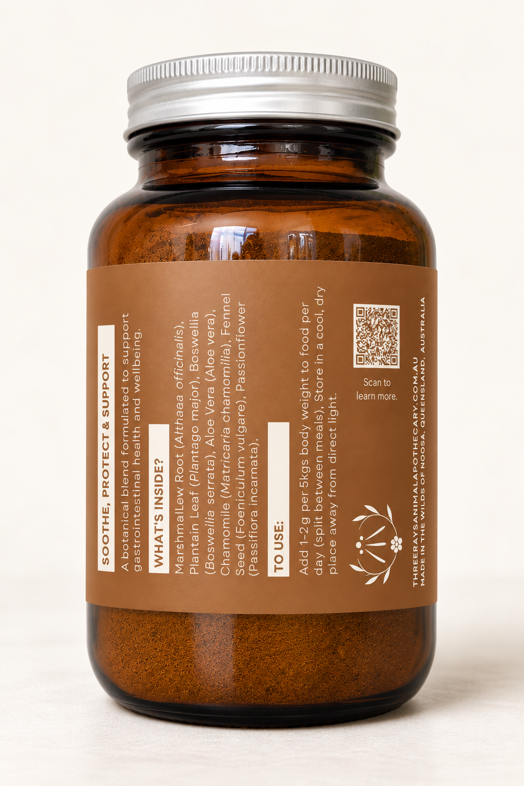 Back of the Gut Guardian jar showing the ingredients and feeding directions.