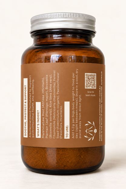 Back of the Gut Guardian jar showing the ingredients and feeding directions.