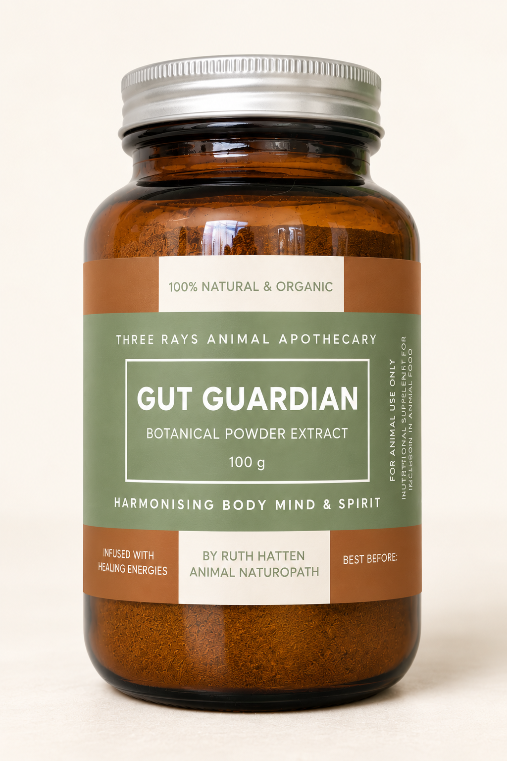Front of the 100 g Gut Guardian botanical powder extract jar by Three Rays Animal Apothecary